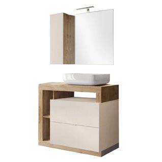 Meuble Vasque 92cm + Miroir Beige Et Aspect Bois Finition Cadiz - Arturo