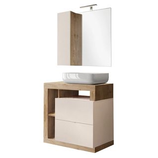 Meuble Vasque 78cm + Miroir Beige Et Aspect Bois Finition Cadiz - Arturo