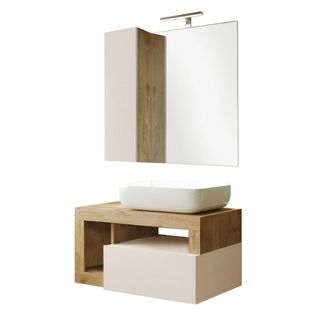 Meuble Vasque 78cm Suspendu + Miroir Beige Et Aspect Bois Finition Cadiz - Arturo
