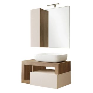 Meuble Vasque 78cm Suspendu + Miroir Beige Et Aspect Bois Finition Mercure - Arturo