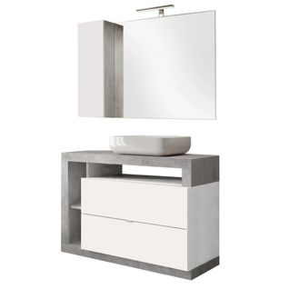 Meuble Vasque 110cm + Miroir Blanc Et Aspect Béton - Arturo