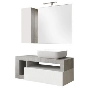 Meuble Vasque 110cm Suspendu + Miroir Blanc Et Aspect Aspect Béton - Arturo
