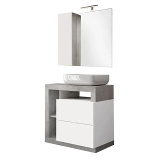 Meuble Vasque 78cm + Miroir Blanc Et Aspect Béton - Arturo