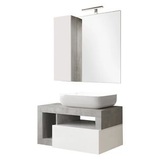 Meuble Vasque 78cm Suspendu + Miroir Blanc Et Aspect Béton - Arturo