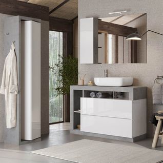 Ensemble Meuble Vasque 110cm + Colonne Pivotante Blanc Et Aspect Béton - Arturo