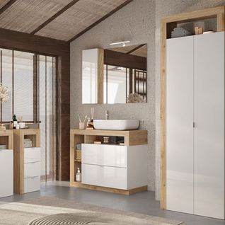 Ensemble Meuble Vasque 92cm + Rangements + Armoire Blanc Et Aspect Bois Cadiz - Arturo