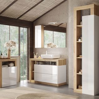 Ensemble Meuble Vasque 110cm + Rangements + Colonne Blanc Et Aspect Bois Cadiz - Arturo