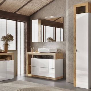 Ensemble Meuble Vasque 110cm + Rangement + Armoire 1p Blanc Et Aspect Bois Cadiz - Arturo