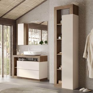 Ensemble Meuble Vasque 110cm + Colonne Beige Et Aspect Bois Mercure - Arturo