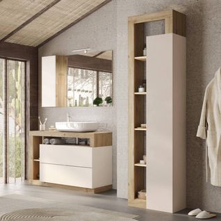 Ensemble Meuble Vasque 110cm + Colonne Beige Et Aspect Bois Cadiz - Arturo