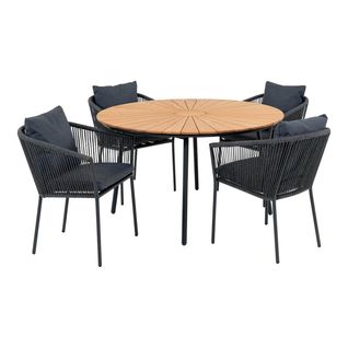 Ensemble Repas De Jardin Table En Teck + 4 Fauteuils Noirs Avec Coussins - Karrige