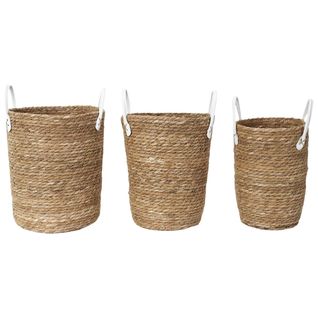 Lot De 3 Paniers Tressés Coloris Naturel Avec Anses En Simili Cuir Blanc - Lorine
