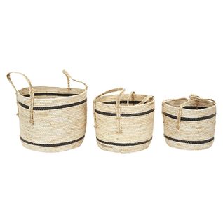 Lot De 3 Paniers Tressés Bicolores En Fibre De Maïs Coloris Naturel Et Noir Avec Anses - Renna