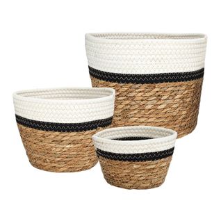 Lot De 3 Corbeilles Tressées En Jonc De Mer Naturel Et Coton Noir Et Blanc - Emira