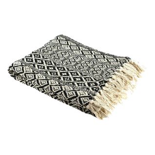 Plaid Jeté De Canapé 120x150cm Style Ethnique Noir Et Blanc Avec Franges - Rafy