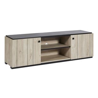 Meuble TV 2 Portes Aspect Lames De Bois Finition Beach Et Plateau Noir - Thomas