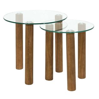 Lot De 2 Tables Basses Gigogne Rondes En Verre Trempé Pieds En Hévéa - Inaya