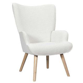 Fauteuil De Salon En Tissu Bouclette Blanc Pieds En Bois D'hévéa - Regina