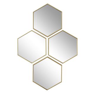 4 Miroirs Muraux Décoratifs Hexagone Au Contour Doré En Polypropylène -