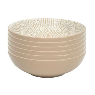Set De 6 Assiettes Creuses En Céramique Beige Motif Mandala (ø18,5 Cm) - Akka