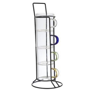 Set 4 Tasses à Expresso Avec Poignées Colorées Et Support En Fer Noir -