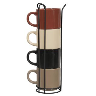 Set 4 Tasses Unies En Céramique (beige, Marron, Noir) Et Support En Fer Noir -