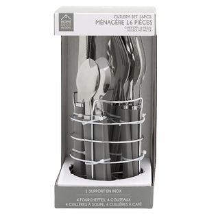 Ménagère 16 Pièces En Inox Avec Manches Noirs En Plastique Et Support Rond -