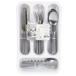 Range Ménagère Blanc Avec 16 Pièces En Inox Manches Gris En Plastique -