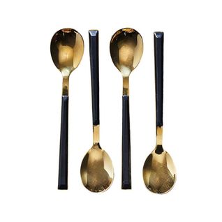 Set 4 Cuillères à Dessert Inox Doré Manches Noirs En Plastique -
