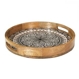 Plateau Rond En Bois De Manguier Avec Motif Mandala Noir (ø35cm) - Mango