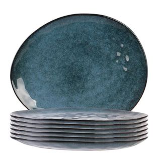 Set De 6 Assiettes Plates Galet En Céramique Au Grés Du Temps Bleu (27.5x23cm) - Galet