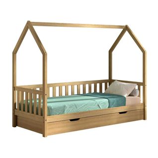 Lit Cabane à Barrière 90x200 Avec Tiroir En Chêne Massif - Leiky