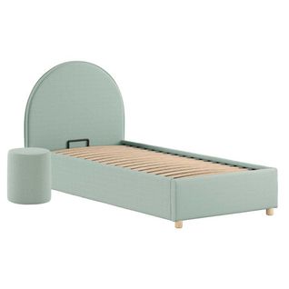 Pack Lit Coffre 90x200cm Tête Demi-lune + Pouf Tissu Bouclé Vert Olive - Connie