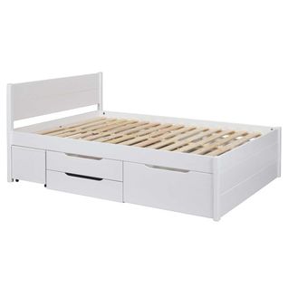 Lit 140x200cm Multi-rangement En Pin Massif Vernis Blanc - Efect