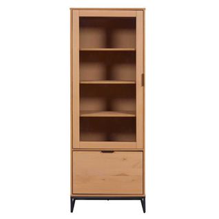 Vitrine 2 Portes Dont 1 Vitrée En Pin Massif Teinté Chêne Piètement Noir - Cathy