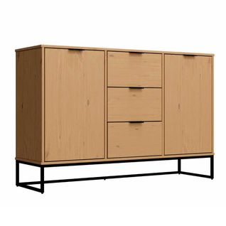 Buffet 2 Portes 3 Tiroirs En Pin Massif Teinté Chêne Piètement Noir - Cathy