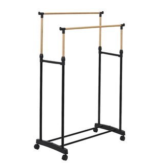 Portant Double Hauteur Ajustable Sur Roulettes Noir Et Effet Bois -