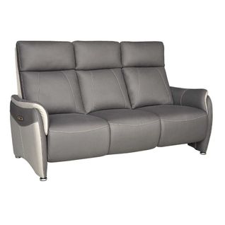 Canapé 3 Places Relax Électrique Tissu Micro Grain Gris Plomb Et Gris Perle Avec Tablette Centrale