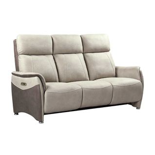 Canapé 3 Places Relax Électrique Tissu Micro Peau Brun Taupe Et Beige Mastic Avec Tablette Centrale