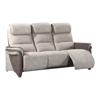 Canapé 3 Places Relax Électrique Tissu Micro Peau Brun Et Mastic Avec Tablette Centrale Imitation N