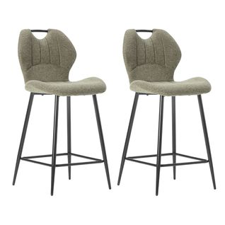 Lot De 2 Tabourets De Bar En Tissu Polyester Maillé Vert Avec Poignée Et Pieds En Métal Laqué Noir