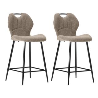 Lot De 2 Tabourets De Bar En Tissu Polyester Maillé Brun Avec Poignée Et Pieds En Métal Laqué Noir
