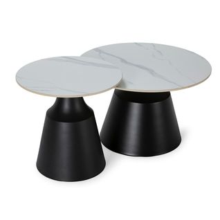 Ensemble De 2 Tables Basses Plateaux Céramique Imitation Marbre Blanc Pied Central En Métal - Reyli