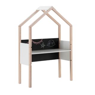 Bureau Forme Cabane En Pin Naturel Et Mdf Laqué Blanc Avec Plateau Hauteur Réglable Et Tableau Ardo