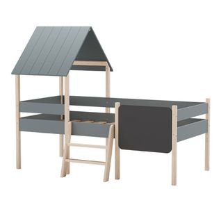 Lit Surélevé à Barrières 90x190 Avec Tête De Lit Cabane En Mdf Laqué Vert Kaki Et Pin Naturel - Tyn