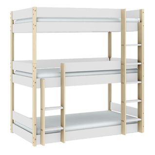 Lit Superposé 3 Couchages 90x190 En Mdf Laqué Blanc Et Pin Naturel - Somis
