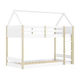 Lit Superposé Avec Premier Couchage Au Sol 90x190 En Mdf Laqué Blanc Et Pin Naturel - Lilas