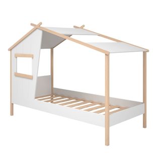 Lit Maison 90x190 Avec Fenêtre En Pin Massif Naturel Et Mdf Laqué Blanc - Lubina