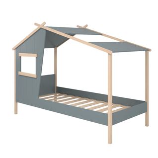 Lit Maison 90x190 Avec Fenêtre En Pin Massif Naturel Et Mdf Laqué Vert Kaki - Lubina