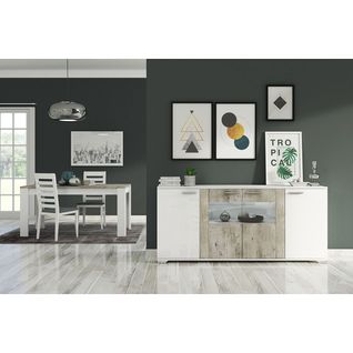 Ensemble Table Repas + Buffet Laqué Blanc Et Gris Béton - Lynda